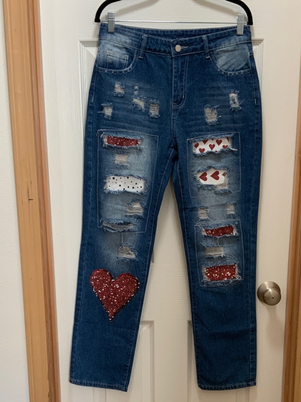 Unlisted Dark Blue Distressed Boyfriend Jeans with Red Heart Accents